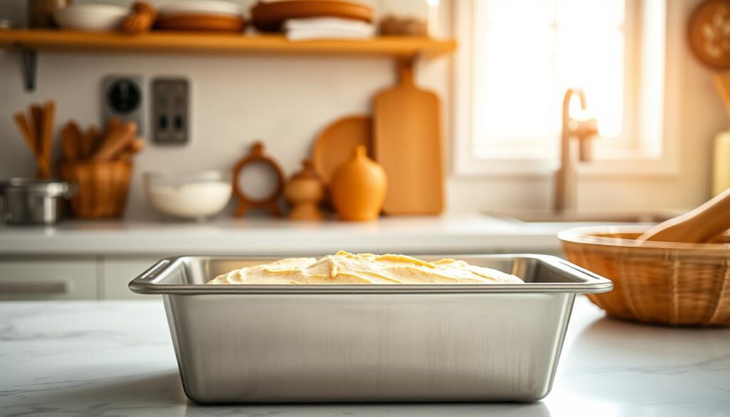 A pristine kitchen countertop set up for baking, featuring a high-quality, shiny stainless steel loaf pan at the forefront, filled with a freshly mixed flourless bread batter. The pan is shown at a slight angle, emphasizing its depth and texture. In the background, a warm, inviting kitchen atmosphere with softly blurred shelves containing baking ingredients like nuts, seeds, and spices. Natural light streams in from a nearby window, casting gentle shadows and enhancing the inviting mood. The image captures a sense of preparation and anticipation, showcasing the elegance of simple kitchen equipment that conveys the theme of healthy homemade baking. A shallow depth of field focuses on the loaf pan, creating an intimate and engaging composition.