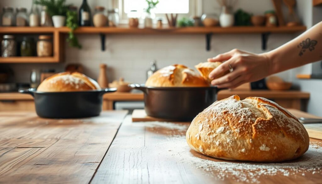 A rustic kitchen countertop serves as the foreground, featuring a freshly baked round loaf of no-knead bread, its crust golden-brown and crispy. Flour dusting accentuates the surface, while a cast iron Dutch oven sits slightly open, revealing another loaf inside. In the middle ground, a pair of well-worn hands, gently reaching for a slice, emphasize the hands-on approach of no-knead techniques. The background showcases a softly lit kitchen with wooden shelves stacked with jars of ingredients, herbs, and a few scattered kitchen utensils, creating an inviting, homey atmosphere. Natural light streams in from a window, casting warm highlights and soft shadows, enhancing the organic feel of the scene. The mood is warm and welcoming, evoking the comfort of baking at home.