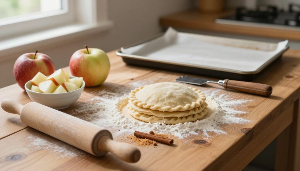 A rustic wooden kitchen table set with an assortment of vibrant, fresh ingredients for making hand pies. In the foreground, a rolling pin and flour-dusted surface accompany a small bowl of diced apples and a scattering of cinnamon and sugar. Nestled in the center, a stack of dough discs and a pastry cutter lie ready for use. In the middle background, a baking sheet awaits, edged with parchment paper, hinting at the delights to come. Soft, natural light filters through a nearby window, casting gentle shadows and creating a warm, inviting atmosphere. The scene is cozy and homely, evoking the feeling of a heartwarming cooking session.