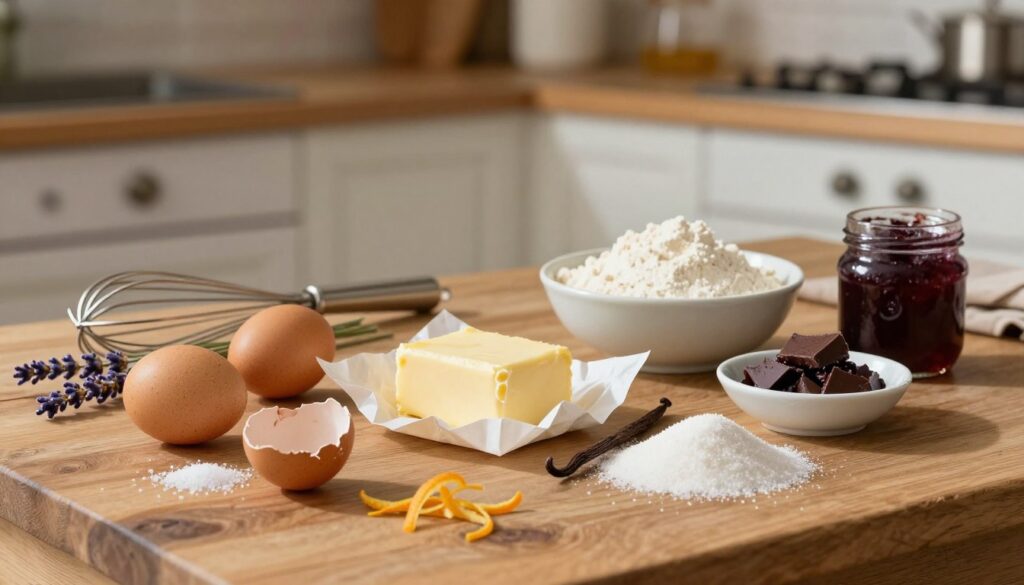 A rustic wooden table set against a soft, blurred background of a charming French kitchen. In the foreground, an array of ingredients for classic French desserts: delicate eggs with speckled shells, rich butter in a crinkled paper wrapper, a mound of fine sugar, and a few sprigs of fragrant lavender. A bowl of creamy flour rests alongside vanilla pods, a pinch of salt, and citrus zest. A vintage whisk rests casually beside a small dish of chocolate pieces and a jar of homemade jam. The warm, natural lighting casts gentle shadows, creating a cozy and inviting ambiance, reminiscent of a traditional French patisserie. The scene conveys a sense of craftsmanship and authenticity, inviting the viewer into the art of French dessert-making.