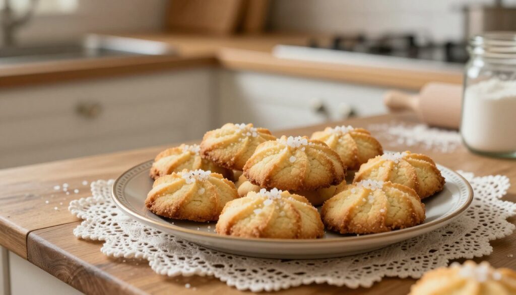 A serene kitchen scene showcasing a plate of classic French butter cookies, beautifully arranged and freshly baked, highlighted in warm, natural light. In the foreground, the cookies are golden-brown with a delicately crisp texture, each one adorned with a sprinkle of coarse sea salt. In the middle, a rustic wooden table is decorated with a vintage plate and a delicate lace tablecloth, creating a cozy ambiance. The background features soft-focus elements of a warm, inviting kitchen with a hint of flour scattered on the counter, a wooden rolling pin, and a jar of sugar. The overall mood is inviting and nostalgic, evoking the charm of homemade French baking. The image should have a warm color palette, emphasizing earthy tones and a sense of comfort, shot with a shallow depth of field to highlight the cookies.