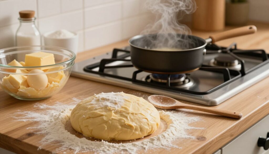 A serene kitchen scene showcasing the preparation of Pâté à choux pastry dough. In the foreground, a wooden countertop adorned with flour, a mixing bowl filled with a smooth, buttery dough, and a wooden spoon resting beside it. The middle layer features a gas stove with a small saucepan simmering gently, with a subtle steam rising. In the background, ingredients like eggs, butter, and sugar are neatly arranged, highlighting the essential components of the recipe. The lighting is warm and inviting, casting a soft glow on the surfaces, evoking a cozy atmosphere. A shallow depth of field captures the intricate texture of the dough while keeping other elements slightly blurred, emphasizing the richness of the Pâté à choux. The overall mood conveys a sense of culinary creativity and joy in baking.