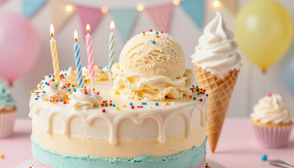 A vibrant and enticing scene showcasing a beautifully frosted birthday cake ice cream brand. In the foreground, a drip cake with layers of pastel-colored ice cream resembling birthday cake, adorned with colorful sprinkles and candles. The middle layer includes a scoop of creamy birthday cake ice cream in a stylish cone, emphasizing the texture and swirls of the ice cream. In the background, a cheerful party setting with soft fairy lights and festive decorations creates a warm and inviting atmosphere. The lighting is bright and cheerful, highlighting the irresistible colors and textures of the cake and ice cream. The angle is slightly elevated, capturing the delightful details while maintaining a focus on the scrumptious treats, evoking a sense of celebration and indulgence.