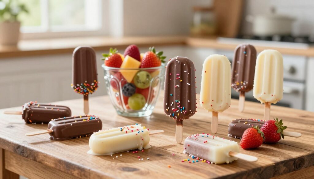 A vibrant and inviting scene featuring homemade cake popsicles delicately arranged on a rustic wooden table. The popsicles are coated in colorful chocolate and adorned with sprinkles, showcasing a variety of flavors like vanilla, chocolate, and strawberry. In the foreground, a few popsicles are partially melted, hinting at a warm summer day. In the middle, a decorative glass container filled with fresh fruit complements the treats. The background consists of a soft-focus kitchen setting, with sunlight filtering through a window, creating a bright and cheerful atmosphere. The image captures the sweetness and homemade quality of these treats, evoking a sense of summer fun and joy. Use natural lighting to enhance the colors and textures. A vibrant and inviting scene featuring homemade cake popsicles delicately arranged on a rustic wooden table. The popsicles are coated in colorful chocolate and adorned with sprinkles, showcasing a variety of flavors like vanilla, chocolate, and strawberry. In the foreground, a few popsicles are partially melted, hinting at a warm summer day. In the middle, a decorative glass container filled with fresh fruit complements the treats. The background consists of a soft-focus kitchen setting, with sunlight filtering through a window, creating a bright and cheerful atmosphere. The image captures the sweetness and homemade quality of these treats, evoking a sense of summer fun and joy. Use natural lighting to enhance the colors and textures.