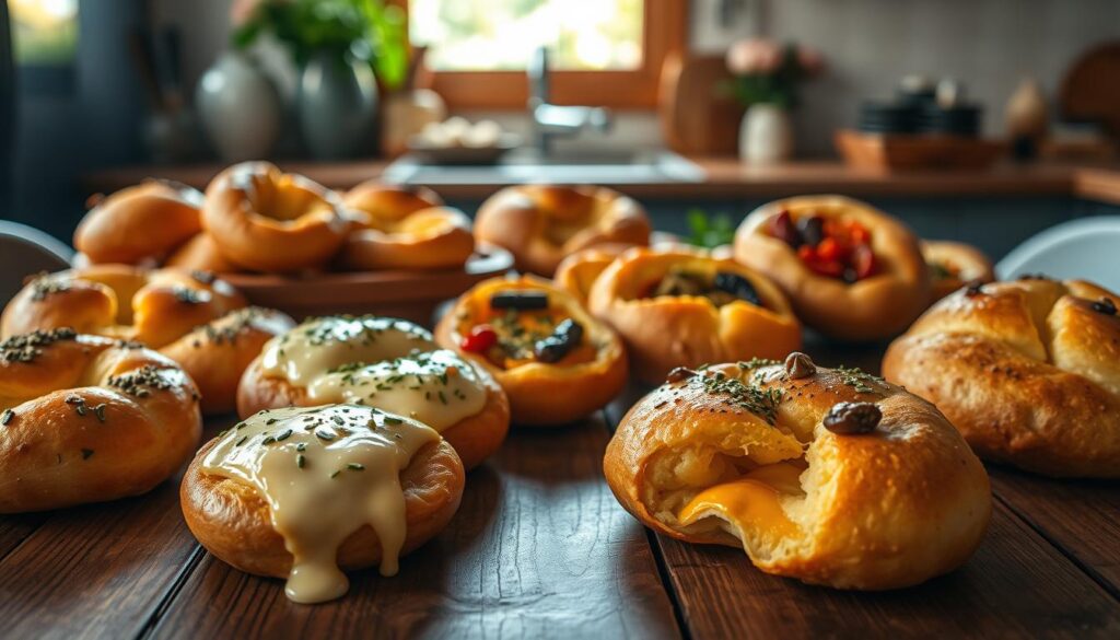 A vibrant assortment of creative variations of Brazilian cheese bread displayed elegantly on a rustic wooden table. In the foreground, showcase different shapes and sizes of cheese bread, including golden puffs with melted cheese oozing from the tops, sprinkled with herbs, spices, and seeds. The middle ground features a few artisanal cheese breads filled with various ingredients like sun-dried tomatoes, olives, or herbs, creating a delightful array of textures and colors. In the background, softly blurred, a warm kitchen setting with natural light filtering through a window, highlighting the inviting atmosphere. The overall mood is warm and cozy, enticing viewers with the delicious possibilities of Brazilian cheese bread. Capture the scene with a slight overhead angle, using soft, diffused lighting to enhance the appetizing appearance of the breads. A vibrant assortment of creative variations of Brazilian cheese bread displayed elegantly on a rustic wooden table. In the foreground, showcase different shapes and sizes of cheese bread, including golden puffs with melted cheese oozing from the tops, sprinkled with herbs, spices, and seeds. The middle ground features a few artisanal cheese breads filled with various ingredients like sun-dried tomatoes, olives, or herbs, creating a delightful array of textures and colors. In the background, softly blurred, a warm kitchen setting with natural light filtering through a window, highlighting the inviting atmosphere. The overall mood is warm and cozy, enticing viewers with the delicious possibilities of Brazilian cheese bread. Capture the scene with a slight overhead angle, using soft, diffused lighting to enhance the appetizing appearance of the breads.