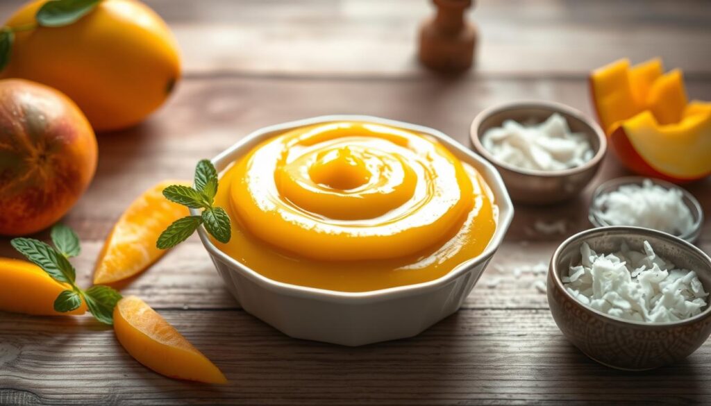 A vibrant dish of mango curd puree takes center stage, showcasing a smooth and creamy texture that glistens under soft, natural light. The puree is rich golden-orange, beautifully contrasting against a rustic wooden table backdrop. Around the dish, fresh mango slices and delicate mint leaves add a touch of freshness, while a small bowl of shredded coconut is artfully placed nearby, hinting at additional flavor notes. The scene captures a cozy kitchen atmosphere with warm, diffused lighting that creates an inviting mood. A shallow depth of field focuses on the mango curd, blurring the background slightly to keep the emphasis on this delectable filling. The image is devoid of any text or distractions, aiming for pure visual appeal that reflects the essence of preparing an exquisite mango curd.