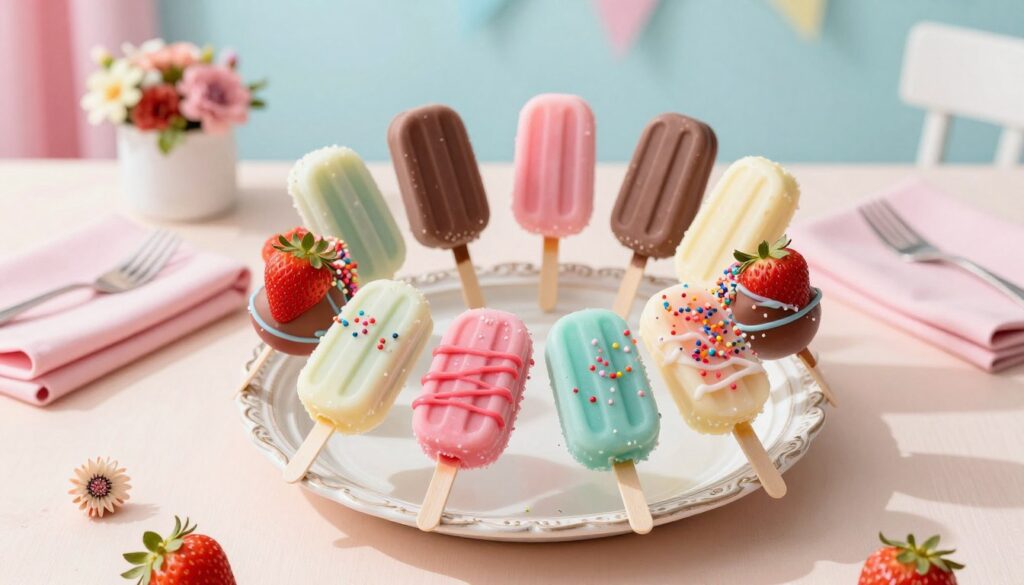 A vibrant display of colorful cake popsicles arranged elegantly on a decorative serving platter, set against a soft pastel backdrop that evokes a cheerful summer vibe. In the foreground, focus on the popsicles in various flavors, like strawberry, chocolate, and vanilla, each drizzled with bright, eye-catching glazes and adorned with sprinkles. The middle section features a beautifully styled table, complete with pastel napkins and small floral arrangements to enhance the festive atmosphere. Soft, natural lighting bathes the scene, illuminating the textures of the cake popsicles and creating gentle shadows. Capture the image from a slightly elevated angle to showcase the delightful details, inviting viewers to imagine the fun of a summer party. A vibrant display of colorful cake popsicles arranged elegantly on a decorative serving platter, set against a soft pastel backdrop that evokes a cheerful summer vibe. In the foreground, focus on the popsicles in various flavors, like strawberry, chocolate, and vanilla, each drizzled with bright, eye-catching glazes and adorned with sprinkles. The middle section features a beautifully styled table, complete with pastel napkins and small floral arrangements to enhance the festive atmosphere. Soft, natural lighting bathes the scene, illuminating the textures of the cake popsicles and creating gentle shadows. Capture the image from a slightly elevated angle to showcase the delightful details, inviting viewers to imagine the fun of a summer party.