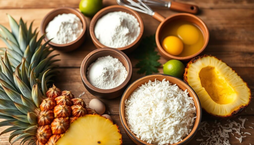 A vibrant flat lay composition featuring the essential ingredients for a pineapple and coconut cake. In the foreground, showcase fresh, ripe pineapples, shredded coconut, and a bowl of creamy coconut milk. The middle layer includes flour, sugar, eggs, and baking powder in rustic wooden bowls, complemented by a zesty lime. In the background, softly blurred kitchen utensils like measuring cups and a whisk add context. Use warm natural lighting to create a cozy, inviting atmosphere, highlighting the textures of each ingredient. The shot should be taken from a slight overhead angle, emphasizing the colorful arrangement of ingredients and creating a mouthwatering, delicious vibe suitable for a culinary article. A vibrant flat lay composition featuring the essential ingredients for a pineapple and coconut cake. In the foreground, showcase fresh, ripe pineapples, shredded coconut, and a bowl of creamy coconut milk. The middle layer includes flour, sugar, eggs, and baking powder in rustic wooden bowls, complemented by a zesty lime. In the background, softly blurred kitchen utensils like measuring cups and a whisk add context. Use warm natural lighting to create a cozy, inviting atmosphere, highlighting the textures of each ingredient. The shot should be taken from a slight overhead angle, emphasizing the colorful arrangement of ingredients and creating a mouthwatering, delicious vibe suitable for a culinary article.
