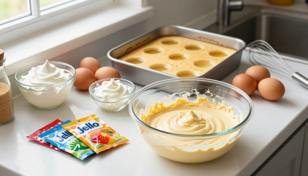 A vibrant kitchen countertop filled with essential ingredients and tools for a Jello poke cake. In the foreground, a clear mixing bowl filled with a light yellow cake batter sits beside colorful packets of Jello in various fruity flavors. Nearby, fresh whipped cream, eggs, measuring cups, and a whisk are artfully arranged. In the middle background, a baking dish with a baked cake is shown, its surface dotted with holes ready for the Jello infusion. Soft natural light streams in from a nearby window, creating a warm and inviting atmosphere. The scene is shot from a slightly elevated angle, capturing the organized chaos of baking with a cheery and appetizing mood, inviting viewers to dive into the delightful process.