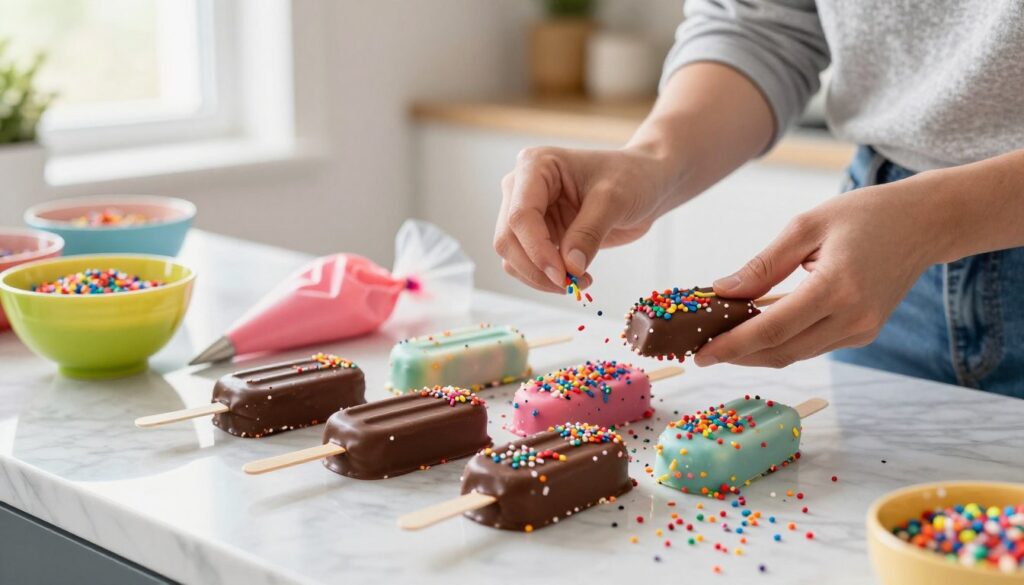 A vibrant kitchen scene showcasing the artistic process of decorating colorful cake popsicles. In the foreground, several cake popsicles are arranged on a sleek marble countertop, each dipped in smooth, glossy chocolate. Sprinkles in a dazzling array of colors and shapes scatter around, while a few are delicately placed on top of the chocolate coating. A pair of skilled hands, wearing stylish yet modest casual clothing, are seen expertly sprinkling the toppings, adding a playful touch to the creation. In the middle ground, tools like piping bags and vibrant bowls of sprinkles provide context, creating a busy yet organized workspace. The background features soft, diffused natural light streaming through a window, enhancing the cheerful and inviting atmosphere of a summer treat preparation. The scene embodies creativity and joy in baking. A vibrant kitchen scene showcasing the artistic process of decorating colorful cake popsicles. In the foreground, several cake popsicles are arranged on a sleek marble countertop, each dipped in smooth, glossy chocolate. Sprinkles in a dazzling array of colors and shapes scatter around, while a few are delicately placed on top of the chocolate coating. A pair of skilled hands, wearing stylish yet modest casual clothing, are seen expertly sprinkling the toppings, adding a playful touch to the creation. In the middle ground, tools like piping bags and vibrant bowls of sprinkles provide context, creating a busy yet organized workspace. The background features soft, diffused natural light streaming through a window, enhancing the cheerful and inviting atmosphere of a summer treat preparation. The scene embodies creativity and joy in baking.