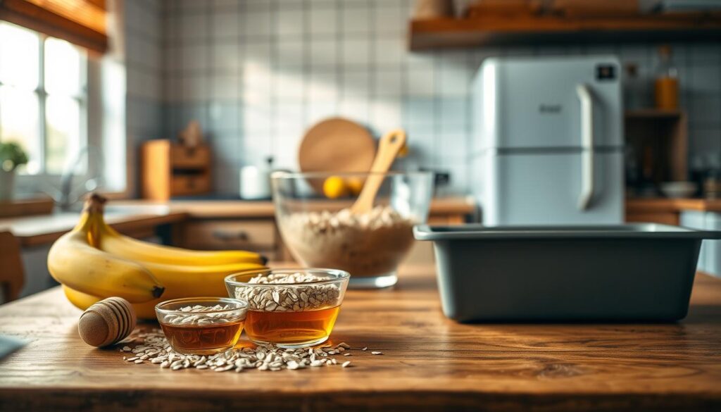 A vibrant kitchen scene showcasing the step-by-step process of making flourless bread. In the foreground, a wooden table displays neatly arranged ingredients: ripe bananas, oats, a bowl of almond butter, honey, and a measuring cup. The middle ground features a mixing bowl with ingredients being blended together, a measuring spoon beside it, and a loaf pan ready for baking. In the background, warm, natural light filters through a window, illuminating the cozy kitchen atmosphere with soft shadows. The scene should convey a sense of warmth and homeliness, inspiring viewers to try making their own healthy bread. The camera angle slightly above the table focuses on the process, capturing the essence of home cooking without any people present. No text or watermarks included.