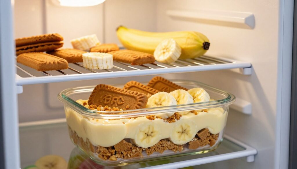 A vibrant refrigerator scene showcasing a beautifully layered Biscoff banana pudding in a clear glass container. The pudding is visible in the foreground, with rich layers of creamy banana pudding, crumbled Biscoff cookies, and banana slices, all artfully arranged. In the middle, a gleaming metal rack filled with various other snacks and leftovers adds a touch of realism. The background features a softly lit refrigerator interior, with ambient lighting creating a warm and inviting atmosphere. The angle captures a slightly elevated perspective, emphasizing the deliciousness of the pudding while highlighting its storage within a well-organized fridge. The overall mood is fresh and appetizing, perfect for illustrating the joy of storing leftover desserts. A vibrant refrigerator scene showcasing a beautifully layered Biscoff banana pudding in a clear glass container. The pudding is visible in the foreground, with rich layers of creamy banana pudding, crumbled Biscoff cookies, and banana slices, all artfully arranged. In the middle, a gleaming metal rack filled with various other snacks and leftovers adds a touch of realism. The background features a softly lit refrigerator interior, with ambient lighting creating a warm and inviting atmosphere. The angle captures a slightly elevated perspective, emphasizing the deliciousness of the pudding while highlighting its storage within a well-organized fridge. The overall mood is fresh and appetizing, perfect for illustrating the joy of storing leftover desserts.