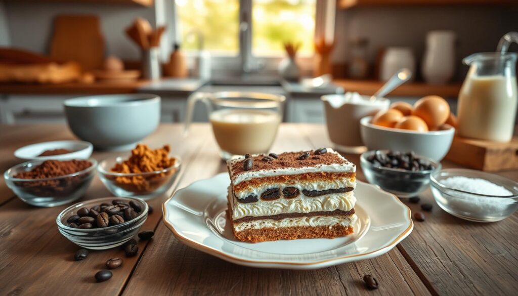 A visually appealing flat lay arrangement of a Tiramisu dessert on a rustic wooden table. In the foreground, a slice of Tiramisu is artfully placed on a delicate plate, with layers of espresso-soaked ladyfingers and mascarpone cream clearly visible. Surrounding the dessert, small bowls containing raw ingredients like cocoa powder, coffee beans, and sugar emphasize the recipe's components. In the middle ground, a measuring cup filled with cream and eggs hint at preparation steps. The background features a soft-focus kitchen setting, with warm, natural light coming from a nearby window to create an inviting atmosphere. The overall mood is warm and welcoming, ideal for sharing culinary insights. A visually appealing flat lay arrangement of a Tiramisu dessert on a rustic wooden table. In the foreground, a slice of Tiramisu is artfully placed on a delicate plate, with layers of espresso-soaked ladyfingers and mascarpone cream clearly visible. Surrounding the dessert, small bowls containing raw ingredients like cocoa powder, coffee beans, and sugar emphasize the recipe's components. In the middle ground, a measuring cup filled with cream and eggs hint at preparation steps. The background features a soft-focus kitchen setting, with warm, natural light coming from a nearby window to create an inviting atmosphere. The overall mood is warm and welcoming, ideal for sharing culinary insights.