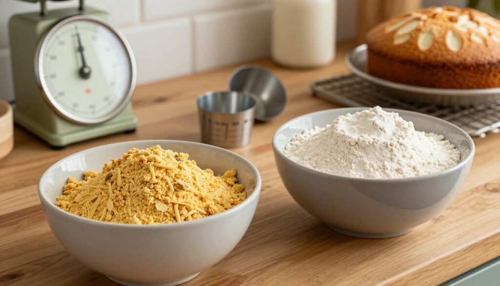 A visually striking comparison of gluten-free cake mix and traditional cake mix on a wooden kitchen countertop. In the foreground, two bowls, one filled with a vibrant gluten-free cake mix and the other with a classic flour-based mix, showcase their textures; the gluten-free mix has a slightly coarser appearance. In the middle ground, a baking scale and measuring cups lie next to the bowls, invitingly arranged. In the background, warm, soft lighting creates a cozy kitchen atmosphere, with hints of vintage baking tools and a scrumptious looking cake in the process of being decorated. The angle captures the inviting essence of baking, focusing on the contrasting colors and textures of the two mixes, evoking a sense of warmth and home baking. A visually striking comparison of gluten-free cake mix and traditional cake mix on a wooden kitchen countertop. In the foreground, two bowls, one filled with a vibrant gluten-free cake mix and the other with a classic flour-based mix, showcase their textures; the gluten-free mix has a slightly coarser appearance. In the middle ground, a baking scale and measuring cups lie next to the bowls, invitingly arranged. In the background, warm, soft lighting creates a cozy kitchen atmosphere, with hints of vintage baking tools and a scrumptious looking cake in the process of being decorated. The angle captures the inviting essence of baking, focusing on the contrasting colors and textures of the two mixes, evoking a sense of warmth and home baking.