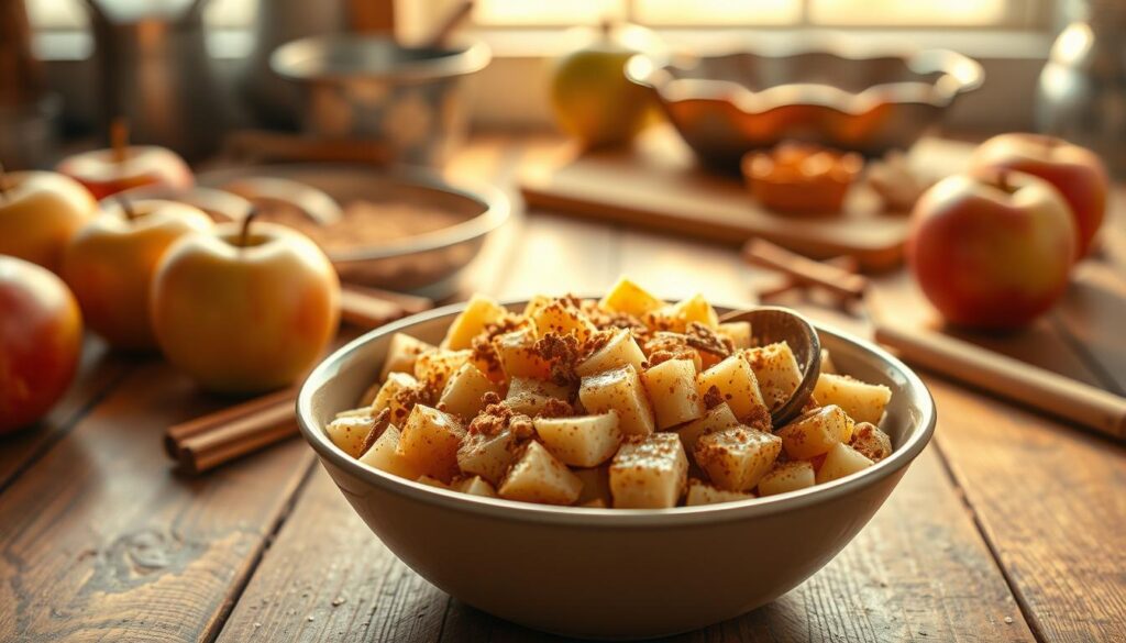 A warm and inviting kitchen scene featuring a rich apple cinnamon filling ready for pop tarts. In the foreground, a rustic wooden table displays a bowl filled with glistening, diced apples mixed with fragrant cinnamon, sugar, and a hint of nutmeg. Surrounding the bowl are a few whole apples and a wooden spoon dusted with brown sugar. In the middle ground, soft golden light filters through a window, casting gentle shadows and highlighting the warm tones in the filling. The background features a blurred hint of a pie dish and baking ingredients, creating a cozy atmosphere. The focus is sharp, with a slight bokeh effect, evoking the comforting essence of homemade treats. A warm and inviting kitchen scene featuring a rich apple cinnamon filling ready for pop tarts. In the foreground, a rustic wooden table displays a bowl filled with glistening, diced apples mixed with fragrant cinnamon, sugar, and a hint of nutmeg. Surrounding the bowl are a few whole apples and a wooden spoon dusted with brown sugar. In the middle ground, soft golden light filters through a window, casting gentle shadows and highlighting the warm tones in the filling. The background features a blurred hint of a pie dish and baking ingredients, creating a cozy atmosphere. The focus is sharp, with a slight bokeh effect, evoking the comforting essence of homemade treats.