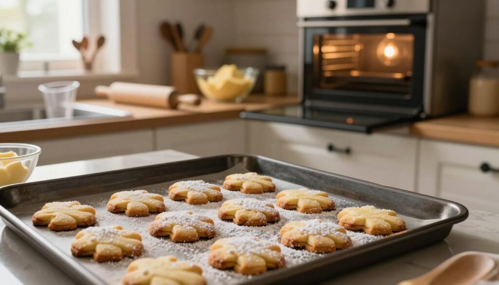 A warm, inviting kitchen scene featuring buttery sable cookies baking in the oven. In the foreground, a close-up of a baking tray filled with beautifully shaped sable cookies, golden brown edges, and a light dusting of powdered sugar, conveying a sense of warmth and comfort. The middle layer showcases an elegantly cluttered kitchen counter with baking tools—measuring cups, a rolling pin, and a bowl of buttery dough, emphasizing the preparation process. In the background, the oven is slightly ajar, revealing a soft glow from the oven light. The ambient lighting should be soft and warm, creating a cozy atmosphere, with natural light filtering in through a window, casting gentle shadows. The overall mood is inviting and homely, conveying the joy of baking. A warm, inviting kitchen scene featuring buttery sable cookies baking in the oven. In the foreground, a close-up of a baking tray filled with beautifully shaped sable cookies, golden brown edges, and a light dusting of powdered sugar, conveying a sense of warmth and comfort. The middle layer showcases an elegantly cluttered kitchen counter with baking tools—measuring cups, a rolling pin, and a bowl of buttery dough, emphasizing the preparation process. In the background, the oven is slightly ajar, revealing a soft glow from the oven light. The ambient lighting should be soft and warm, creating a cozy atmosphere, with natural light filtering in through a window, casting gentle shadows. The overall mood is inviting and homely, conveying the joy of baking.