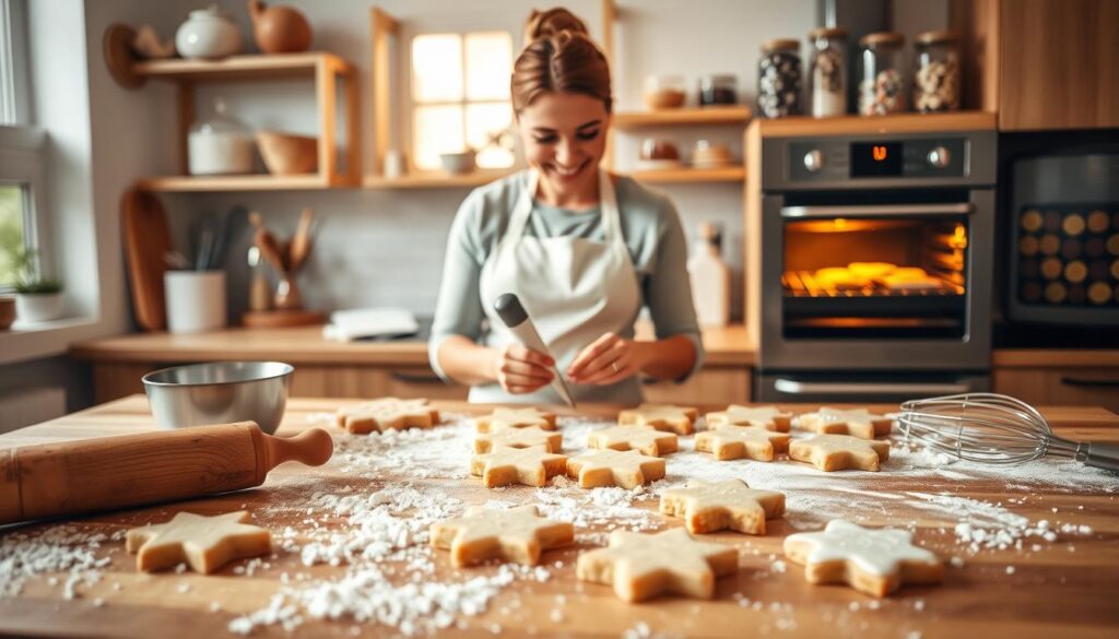 A well-lit kitchen scene showcasing various baking techniques for cookies. In the foreground, a wooden countertop displays a rolling pin, flour scattered lightly, and several cookie dough pieces shaped into stars and circles. In the middle, a skilled baker in a white apron, carefully piping icing onto freshly baked butter cookies, smiles in concentration. Surrounding her are utensils like measuring cups and a whisk, conveying a sense of organized chaos. In the background, an oven with a soft warm glow hints at the cookies baking inside, while the shelves are lined with jars of sprinkles and chocolate chips. The atmosphere is inviting and cozy, with warm, natural light streaming through a nearby window, creating a perfect, homey ambiance for baking. A well-lit kitchen scene showcasing various baking techniques for cookies. In the foreground, a wooden countertop displays a rolling pin, flour scattered lightly, and several cookie dough pieces shaped into stars and circles. In the middle, a skilled baker in a white apron, carefully piping icing onto freshly baked butter cookies, smiles in concentration. Surrounding her are utensils like measuring cups and a whisk, conveying a sense of organized chaos. In the background, an oven with a soft warm glow hints at the cookies baking inside, while the shelves are lined with jars of sprinkles and chocolate chips. The atmosphere is inviting and cozy, with warm, natural light streaming through a nearby window, creating a perfect, homey ambiance for baking.