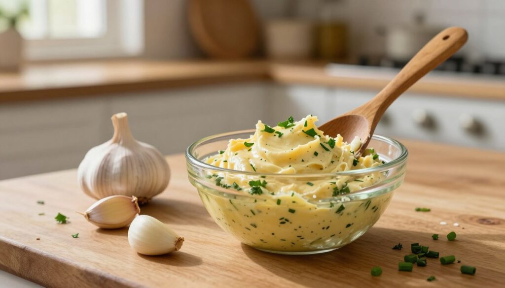A wooden kitchen countertop serves as the foreground, where a small glass bowl is filled with a creamy, golden garlic butter mixture speckled with finely chopped green herbs like parsley and chives. A garlic bulb and a few unpeeled cloves lay next to the bowl, hinting at the ingredients used. In the middle ground, a vintage wooden spoon is resting beside the bowl, with some butter smeared on the side, showcasing a rustic cooking atmosphere. The background features a softly blurred kitchen scene with warm light filtering in through a nearby window, creating a cozy and inviting mood. The overall scene feels both homely and vibrant, perfect for illustrating the preparation of a delicious garlic butter mixture.