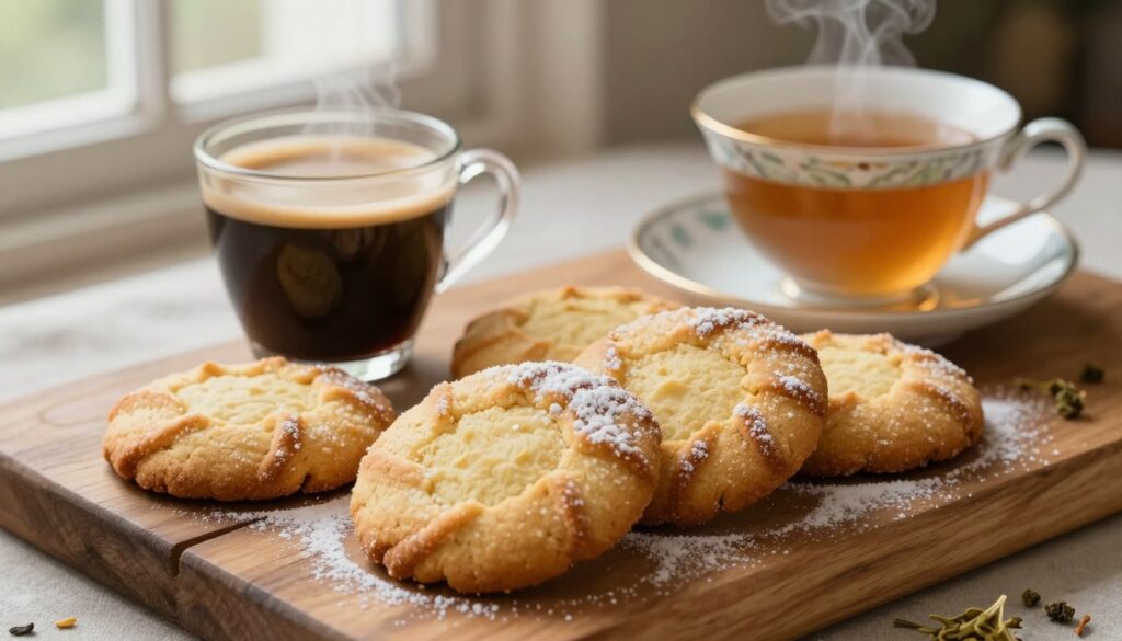 Delicious sable cookies arranged artfully on a rustic wooden platter, glistening with a light dusting of powdered sugar. In the foreground, a steaming cup of rich espresso and a delicate porcelain teacup filled with fragrant herbal tea sit beside the cookies, creating an inviting and cozy atmosphere. The cookies are golden brown, showcasing their perfectly crisp edges and soft centers. In the background, soft natural light filters through a nearby window, casting gentle shadows and enhancing the warm tones of the scene. The mood is relaxed and inviting, perfect for a comforting afternoon snack. The focus is sharp on the cookies and beverages, with a blurred background to emphasize the delicious pairings. Delicious sable cookies arranged artfully on a rustic wooden platter, glistening with a light dusting of powdered sugar. In the foreground, a steaming cup of rich espresso and a delicate porcelain teacup filled with fragrant herbal tea sit beside the cookies, creating an inviting and cozy atmosphere. The cookies are golden brown, showcasing their perfectly crisp edges and soft centers. In the background, soft natural light filters through a nearby window, casting gentle shadows and enhancing the warm tones of the scene. The mood is relaxed and inviting, perfect for a comforting afternoon snack. The focus is sharp on the cookies and beverages, with a blurred background to emphasize the delicious pairings.