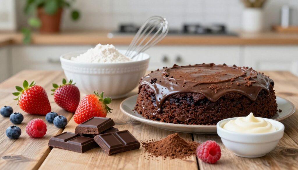 Fresh, vibrant berries including strawberries, blueberries, and raspberries arranged artfully on a rustic wooden table. In the foreground, luscious dark chocolate pieces, smooth cocoa powder, and a small bowl of creamy vanilla extract gleam under soft, natural light. The middle layer features a delicate white ceramic mixing bowl filled with flour and sugar, alongside a whisk and measuring cups. The background is softly blurred, revealing hints of a modern kitchen ambiance, with subtle greenery from potted herbs. The scene is warm and inviting, capturing the essence of a cozy baking atmosphere, perfect for creating a decadent Chocolate Dubai Berry Cake. The lighting is bright and cheerful, enhancing the rich colors of the ingredients.