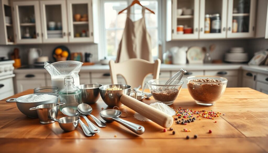 In a bright, inviting kitchen filled with warm, natural light, a wooden table in the foreground showcases essential baking tools and ingredients. Gleaming measuring cups and spoons, a rolling pin, and a mixing bowl are neatly arranged, surrounded by colorful ingredients like flour, sugar, chocolate chips, and vibrant sprinkles. In the middle ground, a kids' baking apron hangs on a chair, with a whisk resting on the table. The background features open cupboards filled with neatly organized baking supplies, and a window letting in soft sunlight, creating a cheerful atmosphere. The mood is playful and inviting, perfect for a fun baking session. The angle is slightly overhead to capture the full assembly of tools and ingredients, emphasizing the joy of preparing to bake together. In a bright, inviting kitchen filled with warm, natural light, a wooden table in the foreground showcases essential baking tools and ingredients. Gleaming measuring cups and spoons, a rolling pin, and a mixing bowl are neatly arranged, surrounded by colorful ingredients like flour, sugar, chocolate chips, and vibrant sprinkles. In the middle ground, a kids' baking apron hangs on a chair, with a whisk resting on the table. The background features open cupboards filled with neatly organized baking supplies, and a window letting in soft sunlight, creating a cheerful atmosphere. The mood is playful and inviting, perfect for a fun baking session. The angle is slightly overhead to capture the full assembly of tools and ingredients, emphasizing the joy of preparing to bake together.