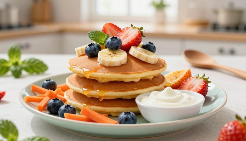 Nutritious baby pancakes stacked neatly on a vibrant plate, garnished with an assortment of colorful fruits and vegetables such as blueberries, strawberries, banana slices, and grated carrots. The pancakes are fluffy and golden-brown, showcasing their healthy ingredients. In the foreground, a small, white bowl filled with a dollop of yogurt sits beside the pancakes. The middle ground features a bright kitchen setting with sunlight streaming through a window, casting soft, warm light that enhances the inviting mood. Fresh herbs and a wooden spoon are subtly arranged in the background, adding to the homely atmosphere. The scene is captured from a slightly elevated angle to provide a clear view of the details, evoking a sense of joy and healthy eating for children. The overall image conveys freshness and warmth, ideal for a family-friendly recipe illustration. Nutritious baby pancakes stacked neatly on a vibrant plate, garnished with an assortment of colorful fruits and vegetables such as blueberries, strawberries, banana slices, and grated carrots. The pancakes are fluffy and golden-brown, showcasing their healthy ingredients. In the foreground, a small, white bowl filled with a dollop of yogurt sits beside the pancakes. The middle ground features a bright kitchen setting with sunlight streaming through a window, casting soft, warm light that enhances the inviting mood. Fresh herbs and a wooden spoon are subtly arranged in the background, adding to the homely atmosphere. The scene is captured from a slightly elevated angle to provide a clear view of the details, evoking a sense of joy and healthy eating for children. The overall image conveys freshness and warmth, ideal for a family-friendly recipe illustration.