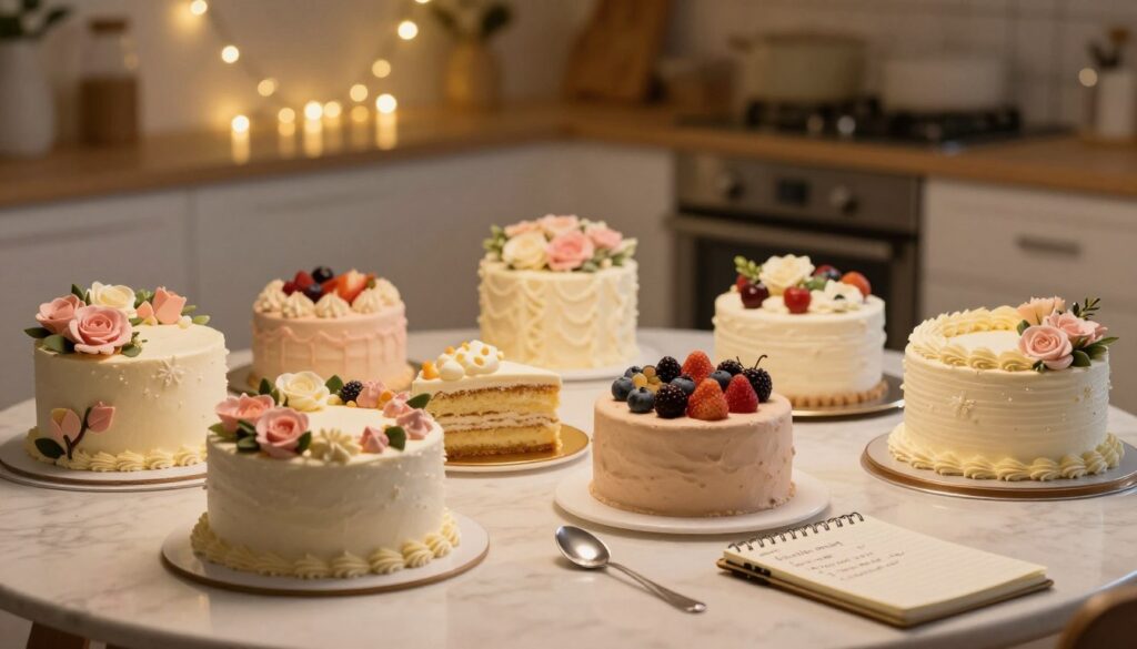 A beautifully arranged dining table featuring an elegant selection of birthday cakes for women, placed prominently in the foreground. Each cake displays unique designs, such as floral decorations, pastel colors, and lavish toppings, reflecting a festive atmosphere. In the middle, a cozy ambiance is enhanced with soft, warm lighting that highlights the textures and colors of the cakes. A small tasting spoon and a notepad with handwritten notes on cake preferences sit beside the cakes, symbolizing insider tips for tasting. The background features a softly blurred kitchen setting with hanging fairy lights, creating a celebratory mood. The scene is captured from a slightly elevated angle, providing a comprehensive view of the delightful display.