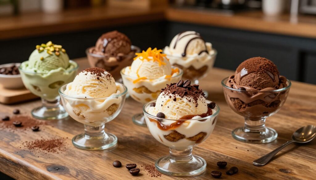 A beautifully arranged display of creative variations of tiramisu ice cream, set on a rustic wooden table. In the foreground, showcase elegant scoops of tiramisu ice cream in vintage glass dessert cups, topped with intricate chocolate shavings and coffee bean garnishes. In the middle ground, include a selection of unique flavors: one with a hint of pistachio, another infused with orange zest, and a rich coffee swirl variation, all artfully drizzled with different sauces. In the background, softly blurred, display warm, inviting kitchen elements like a wooden cutting board with cocoa powder and espresso beans. The lighting is warm and inviting, reminiscent of a cozy café atmosphere, capturing an inviting and indulgent mood. Focus on vibrant colors and textures to emphasize the deliciousness of this dessert experience.
