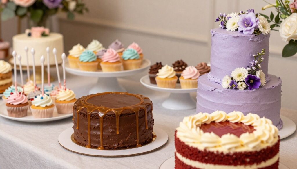 A beautifully arranged display of elegant birthday cakes for women, showcasing a variety of flavors and styles. In the foreground, a three-tiered cake with lavender frosting adorned with delicate edible flowers, alongside a rich chocolate cake drizzled with caramel sauce, and a vibrant red velvet cake with cream cheese icing. In the middle ground, plates of assorted cupcakes in pastel colors and a handmade cake pop stand. The background features soft, diffused lighting that creates a warm and inviting atmosphere, with a blurred backdrop of floral decorations. Capture the scene from a slightly elevated angle to emphasize the textures and details of each cake, evoking a sense of celebration and indulgence.