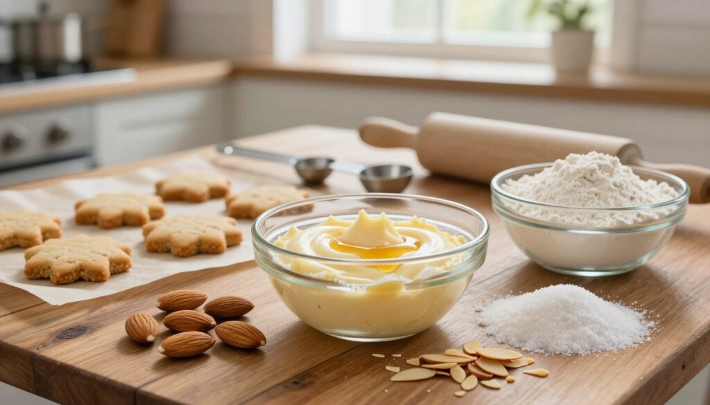 A beautifully arranged display of ingredients for almond shortbread cookies, featuring a rustic wooden kitchen table as the base. In the foreground, a clear glass bowl filled with a creamy mixture of butter, sugar, and almond extract, accompanied by vibrant raw almonds, granulated sugar, and a bowl of sifted flour. A scattering of almond slivers adds texture. The middle ground includes measuring spoons and a delicate rolling pin, inviting the viewer to imagine the process. In the background, soft, natural light filters through a kitchen window, creating a warm and inviting atmosphere. The scene exudes the essence of home baking, with a focus on the simplicity and deliciousness of the ingredients. A beautifully arranged display of ingredients for almond shortbread cookies, featuring a rustic wooden kitchen table as the base. In the foreground, a clear glass bowl filled with a creamy mixture of butter, sugar, and almond extract, accompanied by vibrant raw almonds, granulated sugar, and a bowl of sifted flour. A scattering of almond slivers adds texture. The middle ground includes measuring spoons and a delicate rolling pin, inviting the viewer to imagine the process. In the background, soft, natural light filters through a kitchen window, creating a warm and inviting atmosphere. The scene exudes the essence of home baking, with a focus on the simplicity and deliciousness of the ingredients.