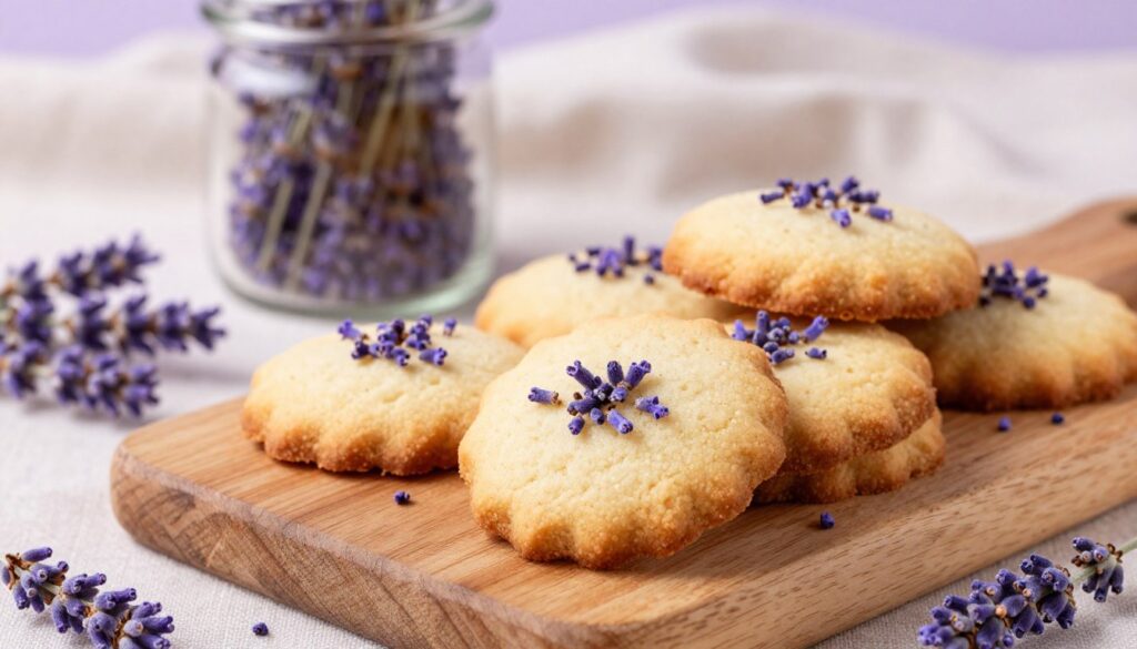 A beautifully arranged display of lavender shortbread cookies, featuring delicate, golden-brown edges and a soft, crumbly texture. Each cookie is adorned with vibrant, dried culinary lavender blooms sprinkled on top, enhancing their visual appeal. In the foreground, place a rustic wooden cutting board with a few cookies stacked attractively and some lavender sprigs scattered around for decoration. The middle layer will have a softly blurred glass jar filled with more dried culinary lavender, set against a pastel-colored linen backdrop, creating a warm, inviting atmosphere. The background should be softly lit, with natural sunlight filtering through, casting gentle shadows. Focus on cozy and inviting details, evoking a sense of homemade charm and culinary bliss. A beautifully arranged display of lavender shortbread cookies, featuring delicate, golden-brown edges and a soft, crumbly texture. Each cookie is adorned with vibrant, dried culinary lavender blooms sprinkled on top, enhancing their visual appeal. In the foreground, place a rustic wooden cutting board with a few cookies stacked attractively and some lavender sprigs scattered around for decoration. The middle layer will have a softly blurred glass jar filled with more dried culinary lavender, set against a pastel-colored linen backdrop, creating a warm, inviting atmosphere. The background should be softly lit, with natural sunlight filtering through, casting gentle shadows. Focus on cozy and inviting details, evoking a sense of homemade charm and culinary bliss.