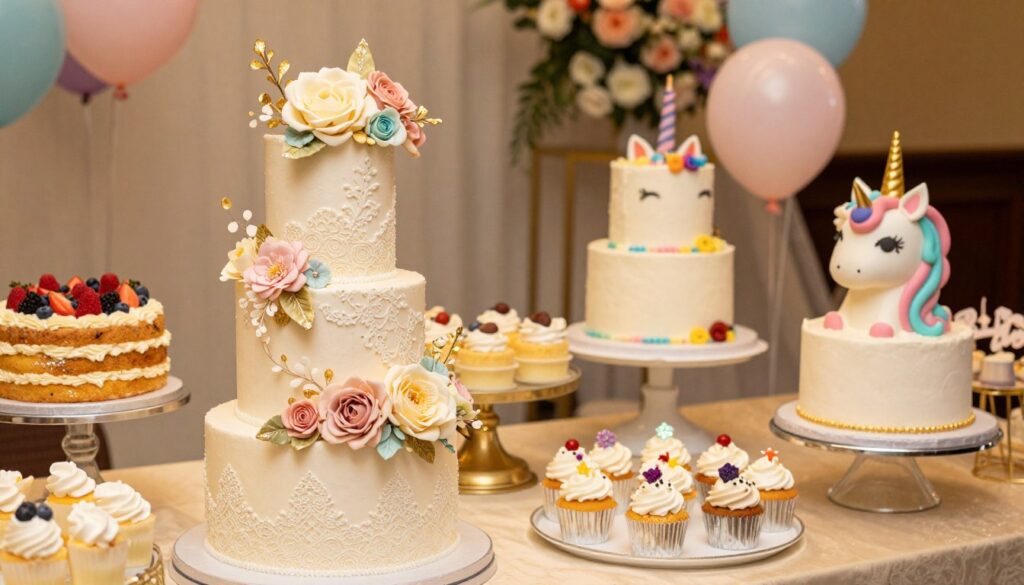 A beautifully arranged display of stunning birthday cakes designed for women, showcasing the top trends in contemporary cake art. In the foreground, feature an elegant tiered cake adorned with delicate pastel florals, intricate lace designs, and shimmering gold accents. To the right, place a whimsical unicorn cake with vibrant colors and playful decorations, while the left side highlights a classic buttercream cake topped with fresh berries. The middle ground is filled with an assortment of smaller cakes and cupcakes, incorporating trendy elements like metallic finishes and edible glitter. In the background, softly blurred decorations such as balloons and floral arrangements create a festive atmosphere. Use warm, soft lighting to enhance the inviting mood, and capture the scene from a slightly elevated angle, allowing viewers to appreciate the artistry and detail of each cake.