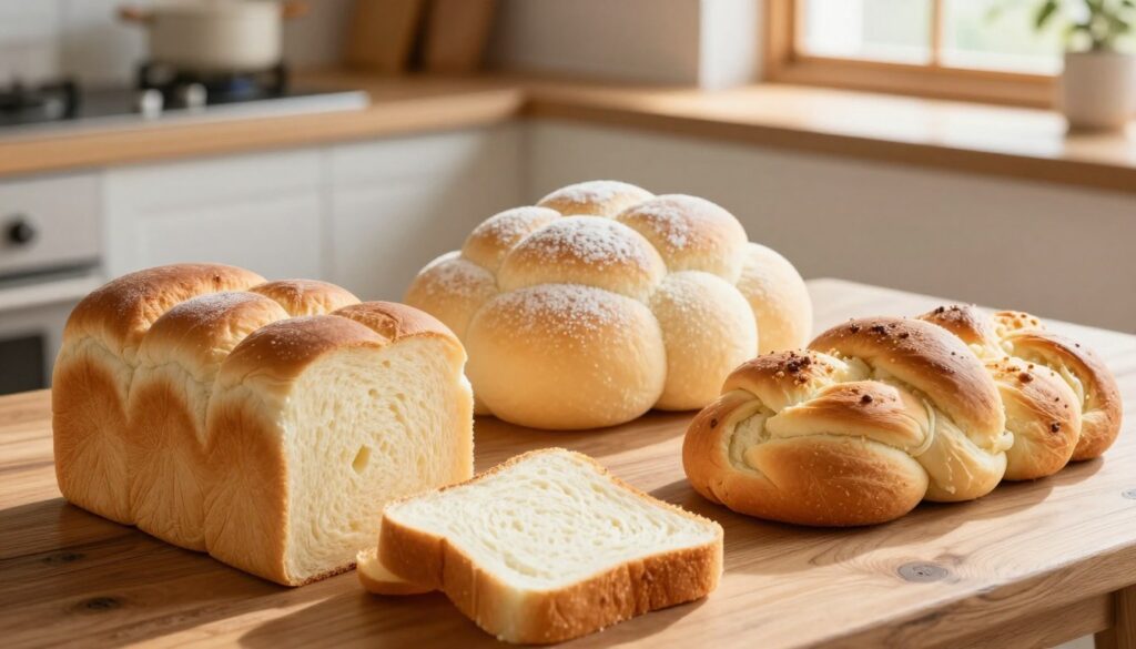 A beautifully arranged display of various types of Japanese Milk Bread recipe, showcasing their soft, fluffy textures. In the foreground, a loaf of traditional shokupan, perfectly sliced to reveal its pillowy insides. Beside it, a braided milk bread adorned with a light golden crust and delicate hints of sweetness. In the middle, a round milk bread shaped like a fluffy cloud, sprinkled with a dusting of flour. In the background, an inviting kitchen setting with warm, natural light filtering through a window, casting gentle shadows on a rustic wooden table. Shot with a close-up lens to emphasize the details of the bread textures, evoking a cozy and inviting atmosphere.