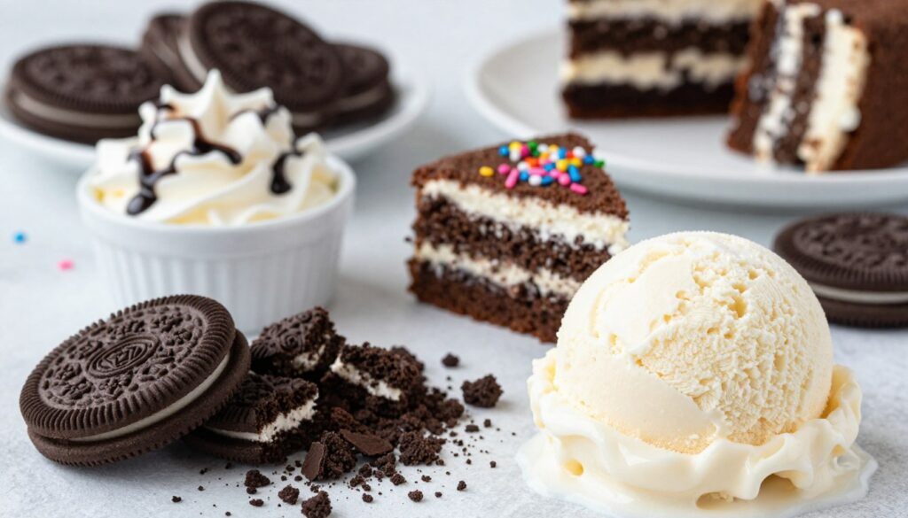 A beautifully arranged flat lay of essential ingredients for Oreo cake ice cream. In the foreground, prominently feature a pile of crushed Oreo cookies next to a generous scoop of creamy vanilla ice cream, glistening under soft, natural light. In the middle, add layers of rich chocolate cake crumbs, a small bowl of whipped cream, and a drizzle of chocolate syrup. In the background, place some whole Oreos, cake slices, and a few colorful sprinkles for a playful touch. Use a shallow depth of field to softly blur the background, focusing on the vibrant textures and colors of the ingredients. The mood should be inviting and fresh, evoking a sense of joy and indulgence perfect for a dessert recipe.
