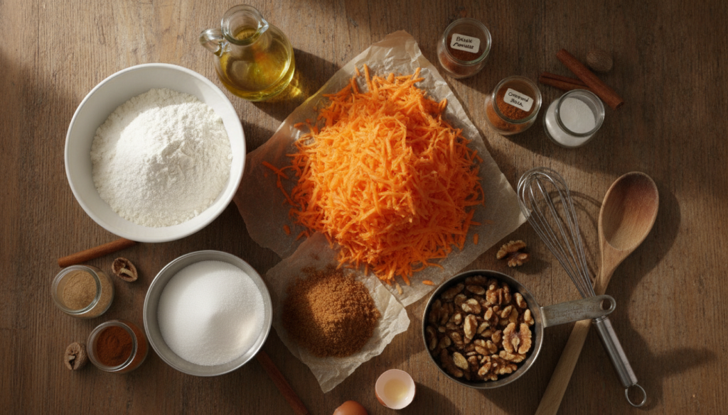 A beautifully arranged flat lay of essential ingredients for a carrot bundt cake, prominently featuring fresh, grated carrots, a bowl of flour, a bottle of vegetable oil, granulated sugar, brown sugar, baking powder, baking soda, and ground cinnamon. The background showcases a rustic wooden kitchen table, with natural light illuminating the scene, casting soft shadows. In the foreground, a vintage measuring cup filled with walnuts complements the ingredients, while a whisk and wooden spoon add a touch of warmth to the composition. The atmosphere is inviting and homey, evoking the joy of baking. The overall color palette is warm and earthy, highlighting the vibrant orange of the carrots against neutral tones.