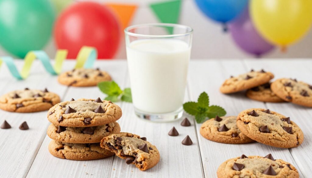 A beautifully arranged flat lay of freshly baked chocolate chip cookies on a festive table, celebrating Chocolate Chip Cookie Day. The foreground features a stack of warm, gooey cookies with melted chocolate chips glistening under soft, natural lighting. In the middle, a glass of cold milk sits invitingly, adorned with small sprigs of mint and mini chocolate chips scattered around. The background showcases a vibrant, cheerful party scene with colorful balloons and streamers, embracing a joyful and inviting atmosphere. The image captures a sense of celebration, warmth, and indulgence, with a slight depth of field to highlight the cookies and milk, creating a cozy and enticing culinary moment. A beautifully arranged flat lay of freshly baked chocolate chip cookies on a festive table, celebrating Chocolate Chip Cookie Day. The foreground features a stack of warm, gooey cookies with melted chocolate chips glistening under soft, natural lighting. In the middle, a glass of cold milk sits invitingly, adorned with small sprigs of mint and mini chocolate chips scattered around. The background showcases a vibrant, cheerful party scene with colorful balloons and streamers, embracing a joyful and inviting atmosphere. The image captures a sense of celebration, warmth, and indulgence, with a slight depth of field to highlight the cookies and milk, creating a cozy and enticing culinary moment.