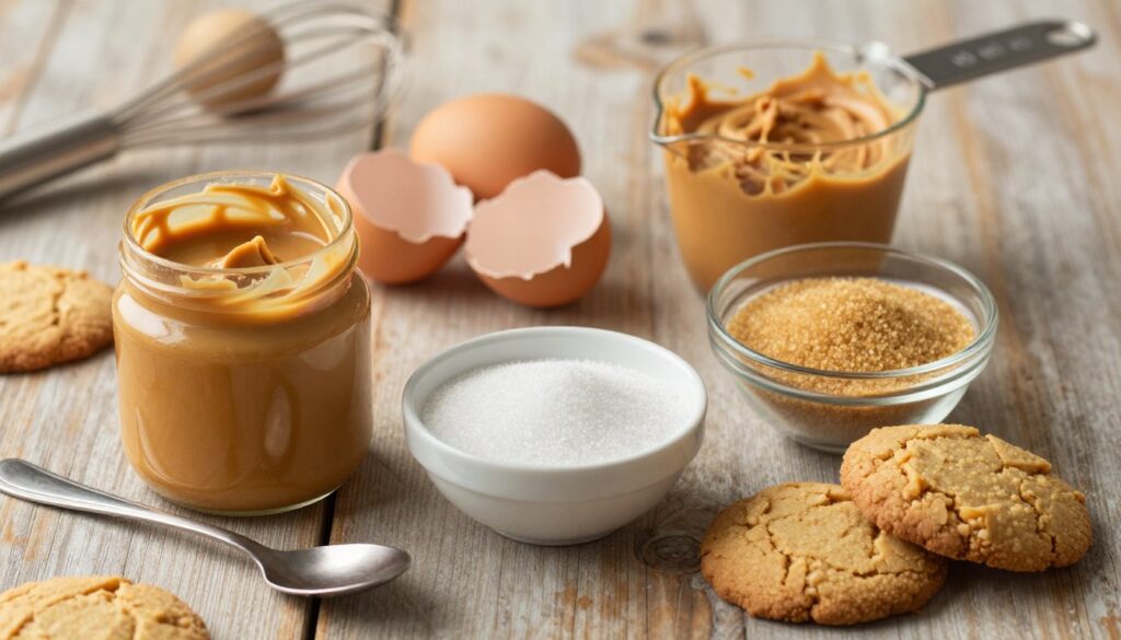 A beautifully arranged flat lay of the essential ingredients for quick peanut butter cookies. In the foreground, place a smooth jar of creamy peanut butter, slightly open with a spoon resting beside it. Next to it, feature a small bowl of white granulated sugar and a larger bowl with golden brown sugar, both artfully placed. Add a couple of farm-fresh eggs, their shells intact, and a measuring cup filled with creamy peanut butter. In the background, softly blurred, include a rustic wooden kitchen table and hints of baking tools like a whisk and measuring spoons. The lighting is warm and inviting, creating a cozy atmosphere, with natural light casting gentle shadows, evoking a sense of home and comfort. The composition should feel welcoming and inspire instant cravings for homemade cookies. A beautifully arranged flat lay of the essential ingredients for quick peanut butter cookies. In the foreground, place a smooth jar of creamy peanut butter, slightly open with a spoon resting beside it. Next to it, feature a small bowl of white granulated sugar and a larger bowl with golden brown sugar, both artfully placed. Add a couple of farm-fresh eggs, their shells intact, and a measuring cup filled with creamy peanut butter. In the background, softly blurred, include a rustic wooden kitchen table and hints of baking tools like a whisk and measuring spoons. The lighting is warm and inviting, creating a cozy atmosphere, with natural light casting gentle shadows, evoking a sense of home and comfort. The composition should feel welcoming and inspire instant cravings for homemade cookies.