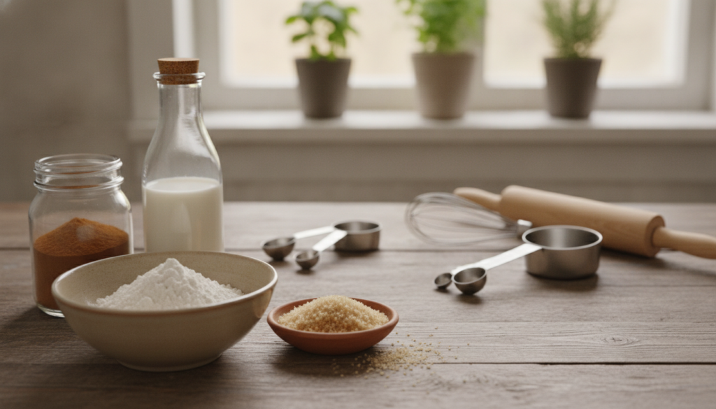 A beautifully arranged flat lay of vegan cinnamon rolls ingredients and essential tools. In the foreground, showcase a bowl of flour, a jar of cinnamon, a bottle of plant-based milk, and a small dish of coconut sugar, all artistically placed on a rustic wooden tabletop. In the middle, display measuring cups, a rolling pin, and a whisk, hinting at the preparation process. The background features soft kitchen elements, such as a sunlit window with potted herbs, creating a warm and inviting atmosphere. The lighting is soft and natural, highlighting the textures and colors of the ingredients, with a shallow depth of field for a cozy, homely feel, evoking a sense of creativity and comfort in baking. A beautifully arranged flat lay of vegan cinnamon rolls ingredients and essential tools. In the foreground, showcase a bowl of flour, a jar of cinnamon, a bottle of plant-based milk, and a small dish of coconut sugar, all artistically placed on a rustic wooden tabletop. In the middle, display measuring cups, a rolling pin, and a whisk, hinting at the preparation process. The background features soft kitchen elements, such as a sunlit window with potted herbs, creating a warm and inviting atmosphere. The lighting is soft and natural, highlighting the textures and colors of the ingredients, with a shallow depth of field for a cozy, homely feel, evoking a sense of creativity and comfort in baking.