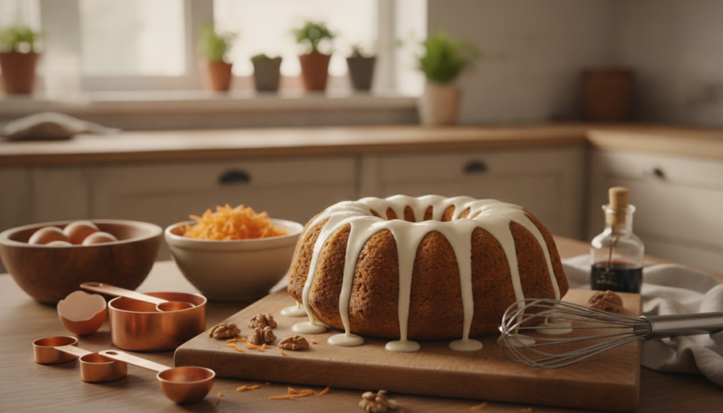 A beautifully arranged kitchen countertop, featuring a freshly baked carrot bundt cake, golden brown with an enticing glaze draping over the top. Surrounding the cake are essential baking tools, such as measuring cups, a whisk, and a bowl filled with grated carrots, giving a sense of preparation. In the background, soft natural light streams through a window, highlighting the warmth of the wooden cabinets and adding a cozy atmosphere. The focus is on the details of the cake texture, showcasing a moist interior with flecks of carrot and spices. The scene exudes a welcoming and inviting mood, perfect for inspiring home bakers to create their own delicious treats. The composition should be warm and inviting, captured with a shallow depth of field, emphasizing the cake and baking tools in the foreground.