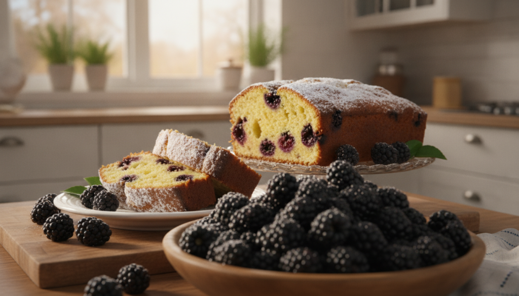 A beautifully arranged kitchen countertop featuring freshly baked lemon blackberry cake surrounded by vibrant, juicy blackberries. In the foreground, a bowl overflows with plump, ripe blackberries glistening with droplets of water, emphasizing their freshness. The middle of the scene showcases the delicious cake, sliced to reveal its moist, lemon-infused interior dotted with pieces of blackberry, topped with a light dusting of powdered sugar. In the background, soft sunlight filters through a window, casting a warm, inviting glow over the scene. The overall mood is cheerful and refreshing, celebrating the sweet-tart harmony of lemon and blackberry flavors. Use a shallow depth of field to focus sharply on the blackberries and cake while softly blurring the background.