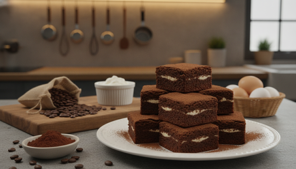 A beautifully arranged kitchen countertop showcasing a delicious plate of tiramisu brownies as the foreground focal point, with the brownies topped with a light dusting of cocoa powder and served on an elegant white plate. In the middle, a wooden cutting board displays the fresh ingredients used in the recipe: coffee beans, cocoa powder, mascarpone cheese, and eggs. The background features a softly lit kitchen with warm, inviting lighting, and a variety of baking tools, such as whisks and measuring cups, neatly organized. The image captures a cozy, homely atmosphere, suggesting comfort and ease of baking, with a focus on the rich textures and colors of the dessert, making it seem incredibly appetizing.