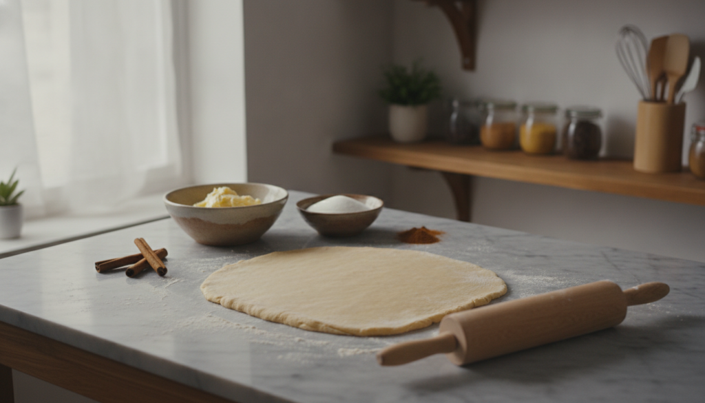A beautifully arranged kitchen scene focused on the art of rolling dough for vegan cinnamon rolls. In the foreground, a marble countertop showcases a smooth, elastic dough rolled out perfectly, with a rolling pin resting beside it. Surrounding are scattered flour and cinnamon sticks adding texture and warmth. The middle ground features an array of ingredients like a bowl of vegan butter, sugar, and cinnamon, softly illuminated by natural window light, creating a homely atmosphere. In the background, there are soft-focus shelves with baking tools, jars of spices, and a plant adding a touch of greenery. The scene conveys a cozy, inviting mood, emphasizing the joy of homemade baking. The angle is slightly overhead to capture the details without distortion, ensuring clarity and vibrancy in colors. A beautifully arranged kitchen scene focused on the art of rolling dough for vegan cinnamon rolls. In the foreground, a marble countertop showcases a smooth, elastic dough rolled out perfectly, with a rolling pin resting beside it. Surrounding are scattered flour and cinnamon sticks adding texture and warmth. The middle ground features an array of ingredients like a bowl of vegan butter, sugar, and cinnamon, softly illuminated by natural window light, creating a homely atmosphere. In the background, there are soft-focus shelves with baking tools, jars of spices, and a plant adding a touch of greenery. The scene conveys a cozy, inviting mood, emphasizing the joy of homemade baking. The angle is slightly overhead to capture the details without distortion, ensuring clarity and vibrancy in colors.