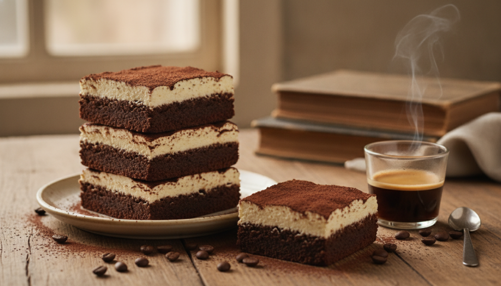 A beautifully arranged plate of decadent tiramisu brownies, stacked high, showcasing their rich, chocolatey layers and creamy mascarpone frosting. The foreground features a slice of brownie with a dusting of cocoa powder, highlighted with delicate coffee beans scattered around. In the middle, a glass of espresso sits on the side with a hint of steam rising, suggesting warmth and indulgence. The background includes a rustic wooden kitchen table, with soft, diffused natural light pouring in from a window, creating a warm and inviting atmosphere. The scene is intimate yet inviting, evoking the essence of a cozy dessert experience, ideal for enjoying a culinary treat. The overall color palette is warm, with deep browns and creamy whites, contributing to a feeling of comfort and satisfaction.