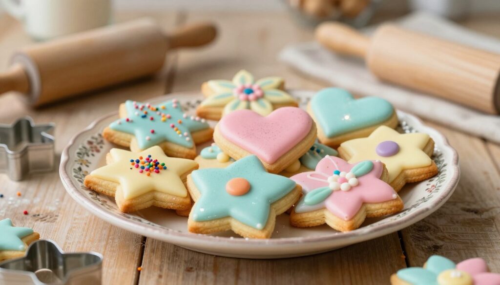 A beautifully arranged plate of decorated traditional butter cookies is the focal point of the image. The cookies, shaped like stars, hearts, and flowers, are intricately iced with colorful royal icing in pastel shades, adorned with delicate sprinkles and edible glitter. In the foreground, the plate, a vintage ceramic with floral patterns, rests on a rustic wooden table, conveying a homely vibe. The middle ground features soft, diffused lighting that highlights the sheen of the icing, creating a warm and inviting atmosphere. In the background, a blurred out kitchen scene with baking tools, such as rolling pins and cookie cutters, evokes a cozy home-baking environment. The overall mood is cheerful and festive, perfect for showcasing homemade treats.
