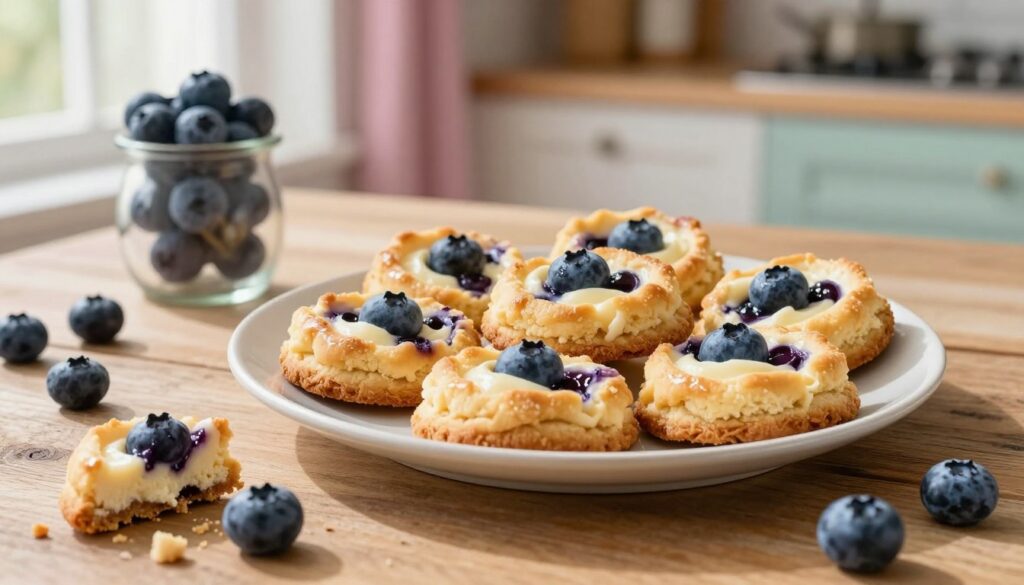 A beautifully arranged plate of freshly baked blueberry cheesecake cookies, showcasing their delicate golden-brown edges and chewy centers filled with vibrant blueberries and a creamy cheesecake swirl. In the foreground, a few cookies are artfully crumbled to reveal the luscious texture inside. The middle ground features a rustic wooden table, adding warmth to the scene, with a small vase of fresh blueberries beside the plate. Soft, natural light filters in from a nearby window, casting gentle shadows and highlighting the cookies' glossy surface. In the background, an inviting kitchen setting with hints of pastel colors enhances the cozy atmosphere. The mood is inviting and delightful, perfect for a culinary experience centered on baking. A beautifully arranged plate of freshly baked blueberry cheesecake cookies, showcasing their delicate golden-brown edges and chewy centers filled with vibrant blueberries and a creamy cheesecake swirl. In the foreground, a few cookies are artfully crumbled to reveal the luscious texture inside. The middle ground features a rustic wooden table, adding warmth to the scene, with a small vase of fresh blueberries beside the plate. Soft, natural light filters in from a nearby window, casting gentle shadows and highlighting the cookies' glossy surface. In the background, an inviting kitchen setting with hints of pastel colors enhances the cozy atmosphere. The mood is inviting and delightful, perfect for a culinary experience centered on baking.