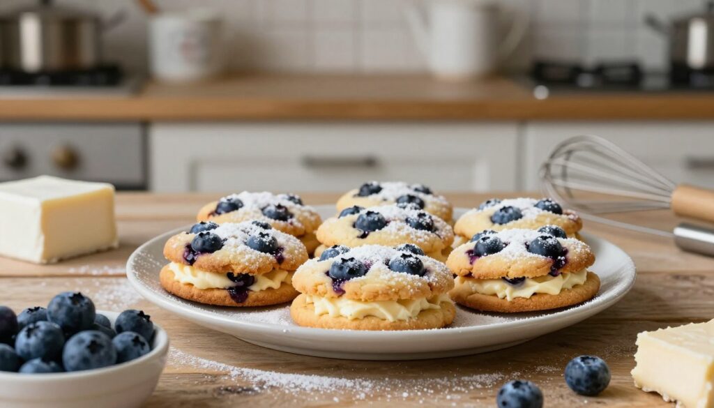 A beautifully arranged plate of freshly baked blueberry cheesecake cookies sits on a rustic wooden table, with a rich cream cheese filling peeking out from the center. The cookies are golden-brown on the edges, dotted with plump, juicy blueberries that glisten under soft, diffused lighting. In the foreground, a small bowl of fresh blueberries and a brick of cream cheese hint at the essential ingredients nearby. The middle ground features a light dusting of powdered sugar over the cookies, adding an inviting touch. In the background, a softly lit kitchen counter with baking equipment, like measuring cups and a whisk, enhances the baking theme, evoking a warm and homey atmosphere. The overall mood is cozy and inviting, perfect for a delicious cookie recipe display. A beautifully arranged plate of freshly baked blueberry cheesecake cookies sits on a rustic wooden table, with a rich cream cheese filling peeking out from the center. The cookies are golden-brown on the edges, dotted with plump, juicy blueberries that glisten under soft, diffused lighting. In the foreground, a small bowl of fresh blueberries and a brick of cream cheese hint at the essential ingredients nearby. The middle ground features a light dusting of powdered sugar over the cookies, adding an inviting touch. In the background, a softly lit kitchen counter with baking equipment, like measuring cups and a whisk, enhances the baking theme, evoking a warm and homey atmosphere. The overall mood is cozy and inviting, perfect for a delicious cookie recipe display.