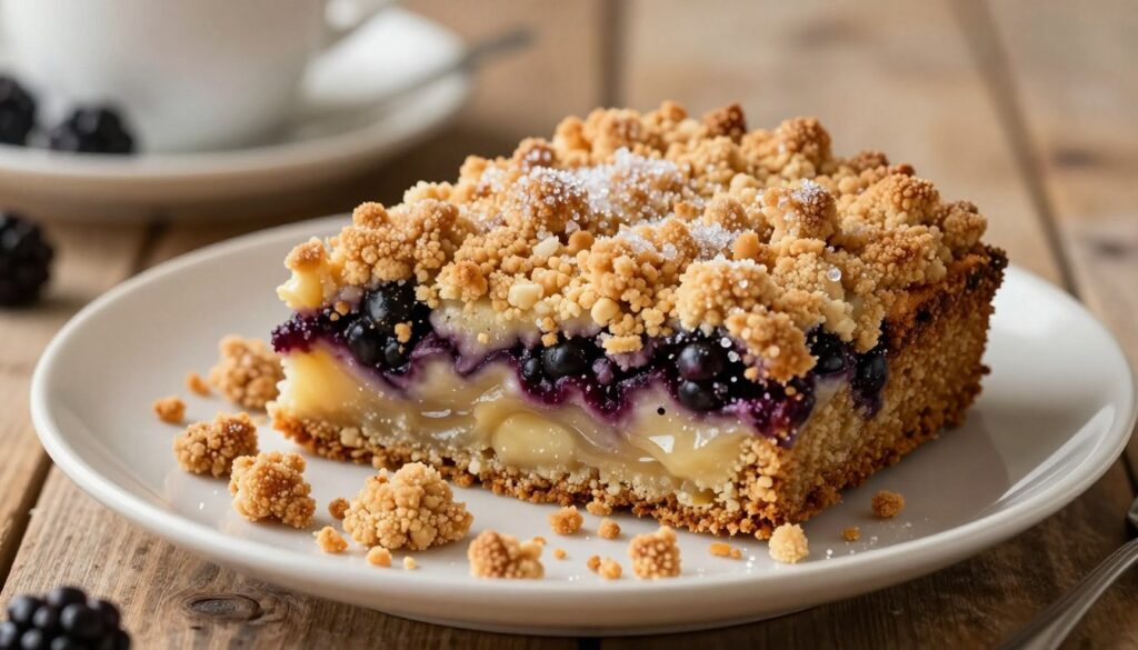 A beautifully arranged plate of freshly baked streusel topping for coffee cake, showcasing a rich, textured layer of buttery, crumbly goodness. In the foreground, focus on golden-brown streusel crumbs sprinkled generously, with glistening sugar crystals reflecting soft light. The middle ground features a lightly frosted coffee cake slice, revealing moist blackberry swirls beneath the golden crumb topping. A gentle, warm light illuminates the scene, casting a cozy atmosphere. In the background, a rustic wooden table enhances the homey feel, with a blurred coffee cup and fresh blackberries adding subtle color and context. The image captures the essence of a delightful morning, evoking warmth and comfort.
