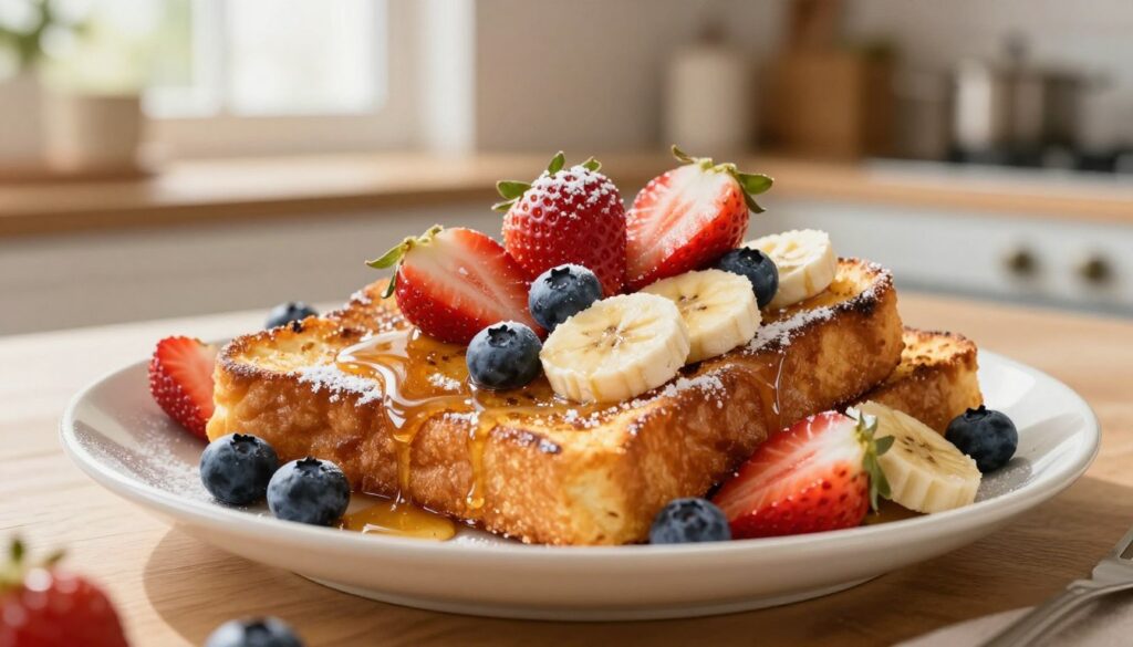 A beautifully arranged plate of golden-brown French toast slices topped with a medley of fresh strawberries, blueberries, and banana slices, drizzled luxuriously with maple syrup and a dusting of powdered sugar. The French toast is crispy on the edges and slightly fluffy in the center, showcasing its delectable texture. In the background, a warm, inviting kitchen setting with soft morning light streaming through a window, illuminating the scene to create a cozy atmosphere. The image should focus closely on the plate, capturing the vibrant colors and enticing presentation of the toppings, with a shallow depth of field to gently blur the kitchen details. The mood is cheerful and inviting, perfect for a breakfast or brunch scenario.