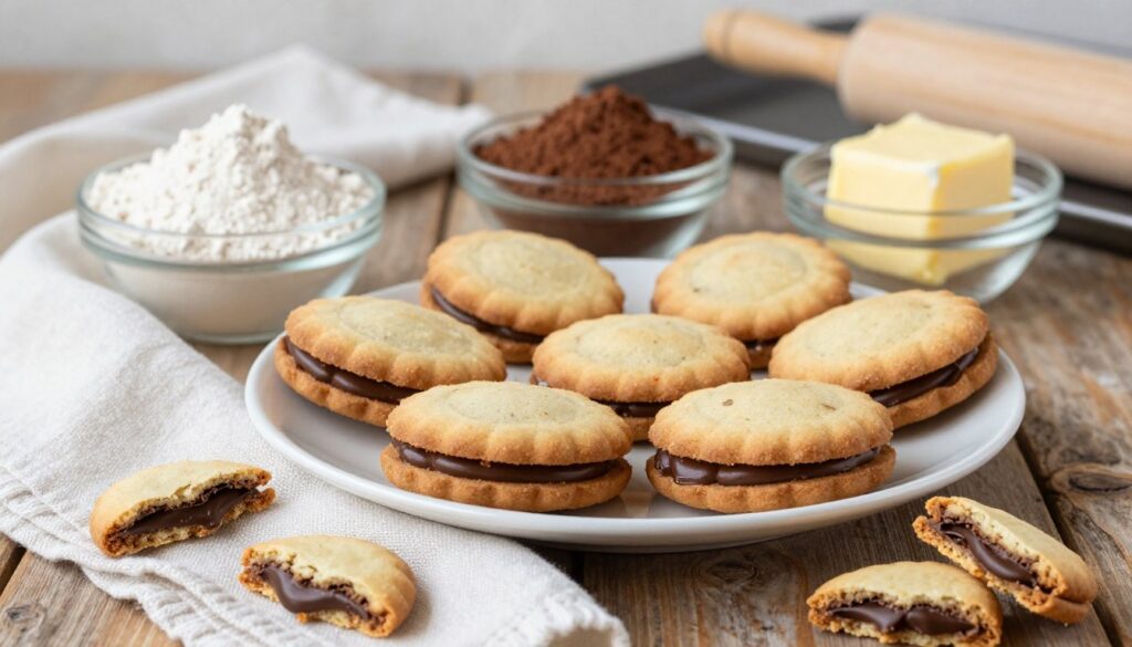 A beautifully arranged plate of homemade Milano cookies, showcasing their signature thin, crispy chocolate-filled layers. In the foreground, the cookies are perfectly placed, with a few broken pieces revealing the rich chocolate ganache inside. The middle ground features key ingredients like finely milled flour, rich cocoa powder, and smooth butter, artfully displayed in small glass bowls. A rustic wooden table adds warmth, while a soft white linen napkin catches the natural light. In the background, subtle hints of kitchen tools like a rolling pin and a baking sheet create an inviting, cozy atmosphere. The lighting is soft and diffused, evoking a sense of charm and homeliness, perfect for a baking-themed article. A beautifully arranged plate of homemade Milano cookies, showcasing their signature thin, crispy chocolate-filled layers. In the foreground, the cookies are perfectly placed, with a few broken pieces revealing the rich chocolate ganache inside. The middle ground features key ingredients like finely milled flour, rich cocoa powder, and smooth butter, artfully displayed in small glass bowls. A rustic wooden table adds warmth, while a soft white linen napkin catches the natural light. In the background, subtle hints of kitchen tools like a rolling pin and a baking sheet create an inviting, cozy atmosphere. The lighting is soft and diffused, evoking a sense of charm and homeliness, perfect for a baking-themed article.