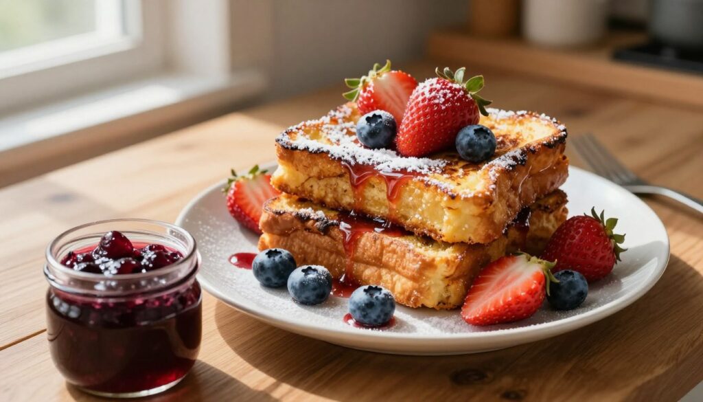 A beautifully arranged plate of homemade brioche French toast, stacked high, golden-brown with crispy edges, and perfectly fluffy inside. Each slice is lightly dusted with powdered sugar and topped with fresh, vibrant berries like strawberries and blueberries, glistening with a hint of syrup drizzled artistically across the plate. In the foreground, a small glass jar of homemade berry compote sits beside the plate, invitingly. The background features a softly blurred rustic kitchen setting with warm wooden countertops and natural light streaming through a nearby window, casting gentle shadows. The mood is cozy and inviting, perfect for a breakfast scene. The image is captured from a top-down angle, enhancing the visual appeal of the French toast and its delightful toppings.